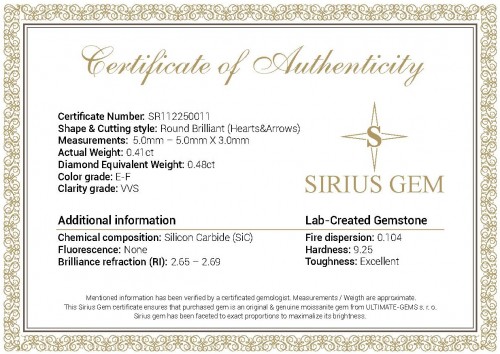 Certifikát k drahokamu Sirius