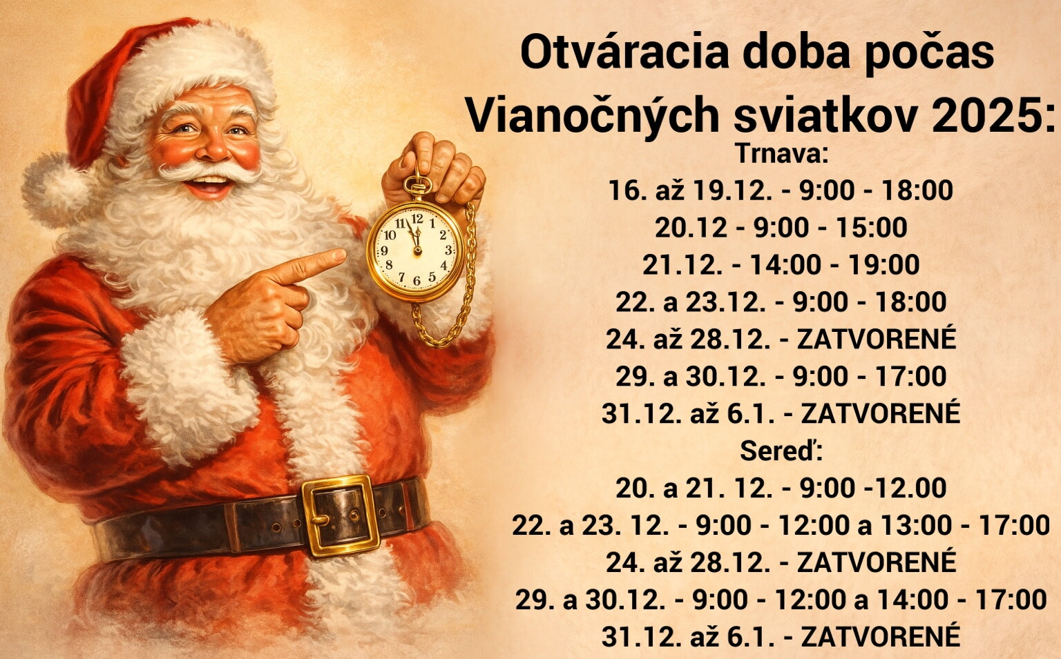 Otváracia doba zlatníctva Dianagold v Trnave na Vianoce 2025